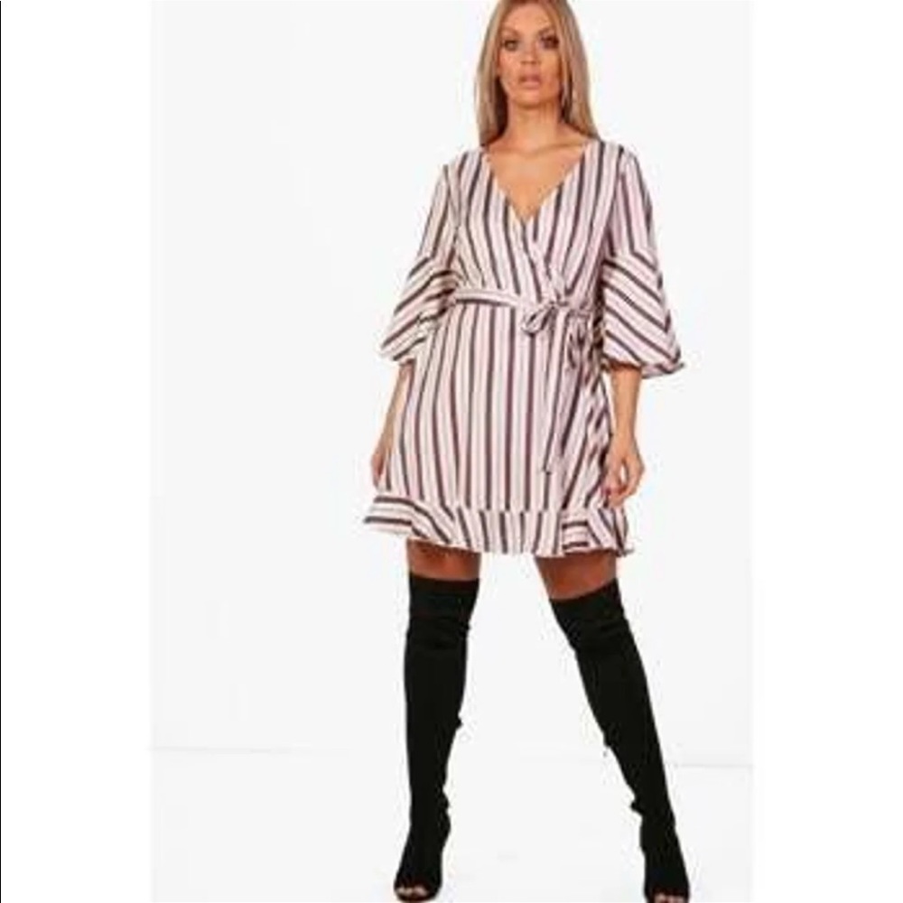 Boohoo flare sleeve striped wrap dress